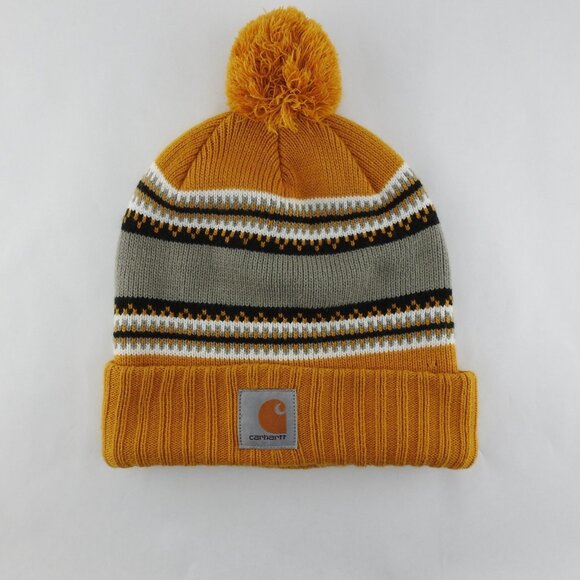 Carhartt Knit Pom-Pom Beanie Don't Tell a Soul Production Hat Yellow Gray Black - Picture 2 of 4